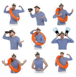 Image of Collage with photos of sailor on white background