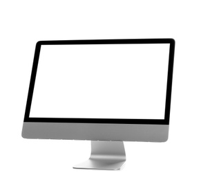 Photo of Modern computer monitor on white background, mock up with space for text