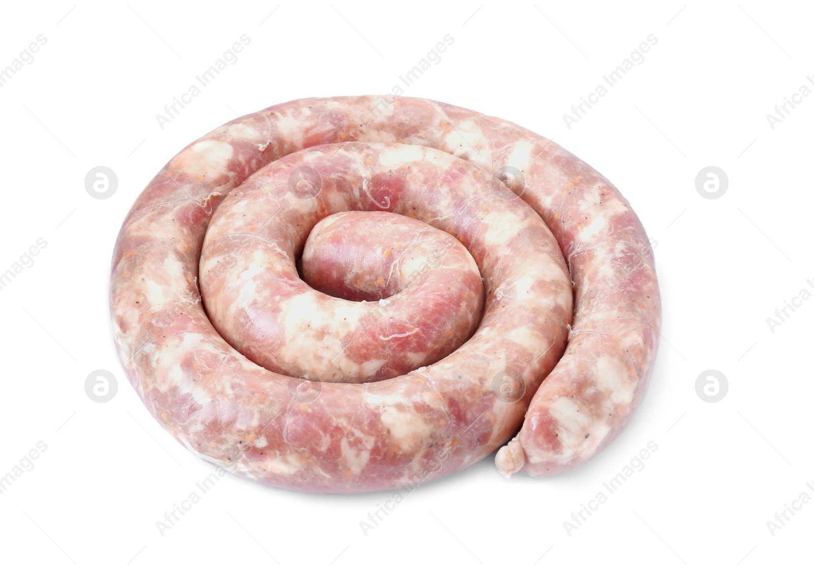 Photo of One raw homemade sausage isolated on white