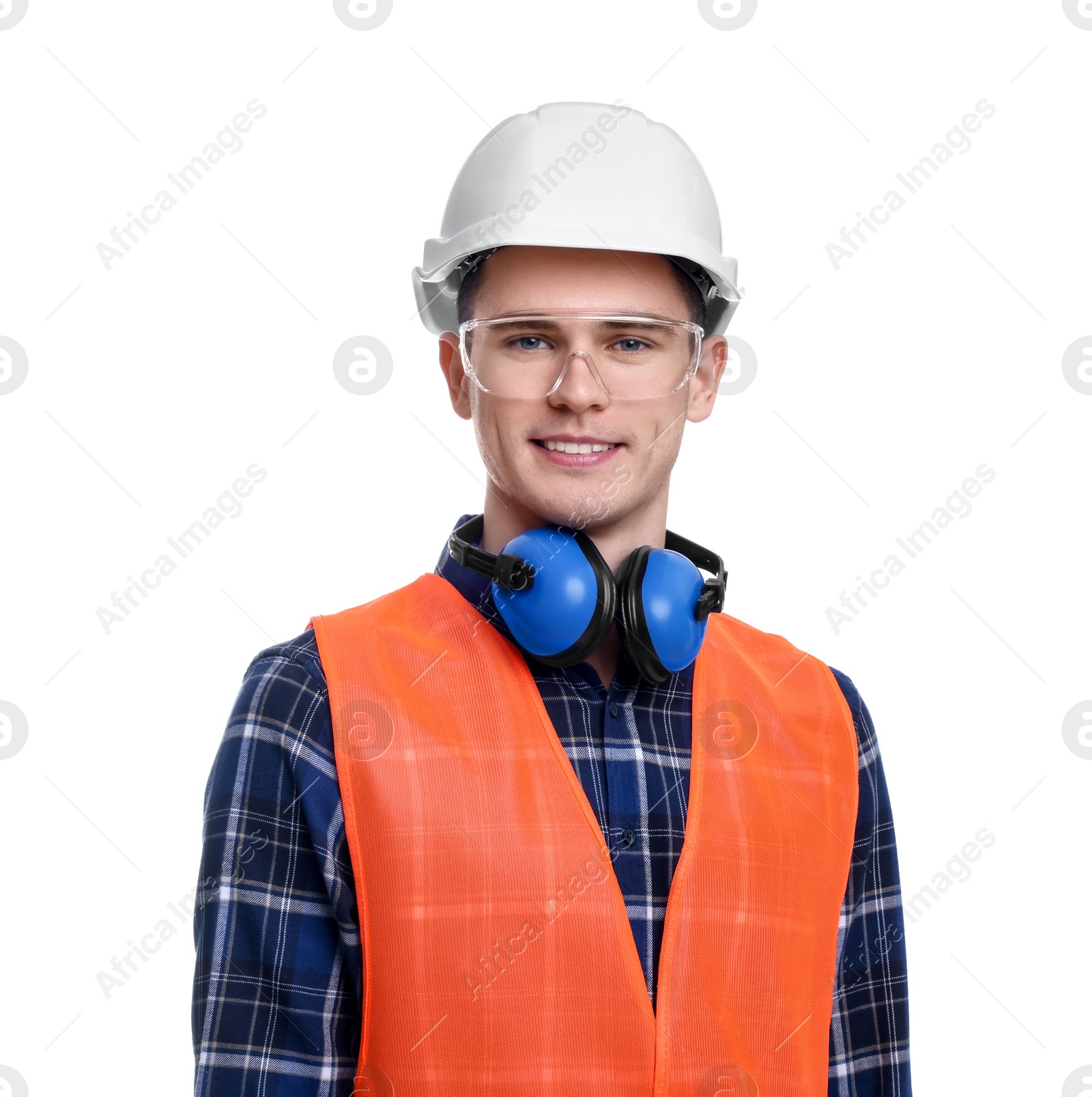 Photo of Young man wearing safety equipment on white background