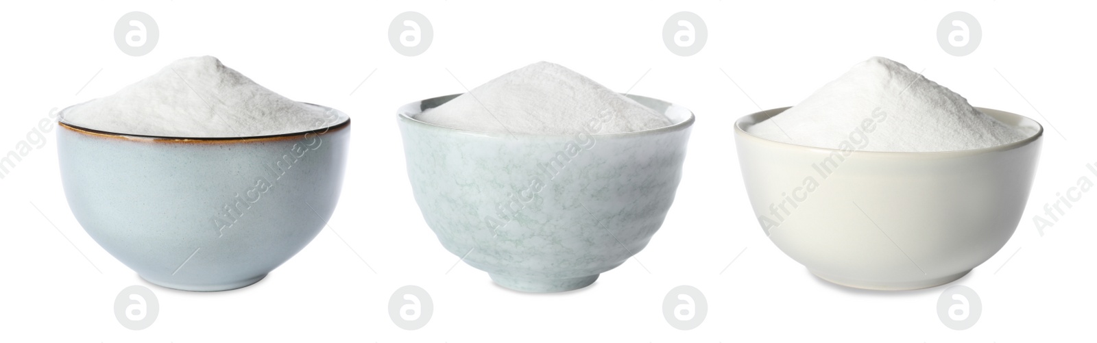 Image of Set with baking soda on white background. Banner design