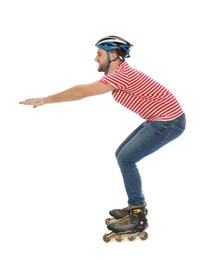 Photo of Young man with inline roller skates on white background