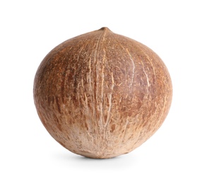 Ripe whole brown coconut on white background