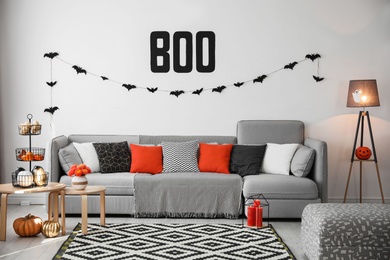 Modern room decorated for Halloween. Festive interior