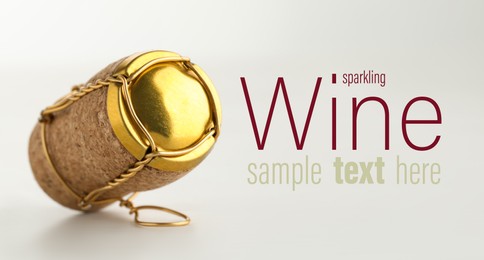 Image of Sparkling wine cork with muselet cap on white background. Space for design