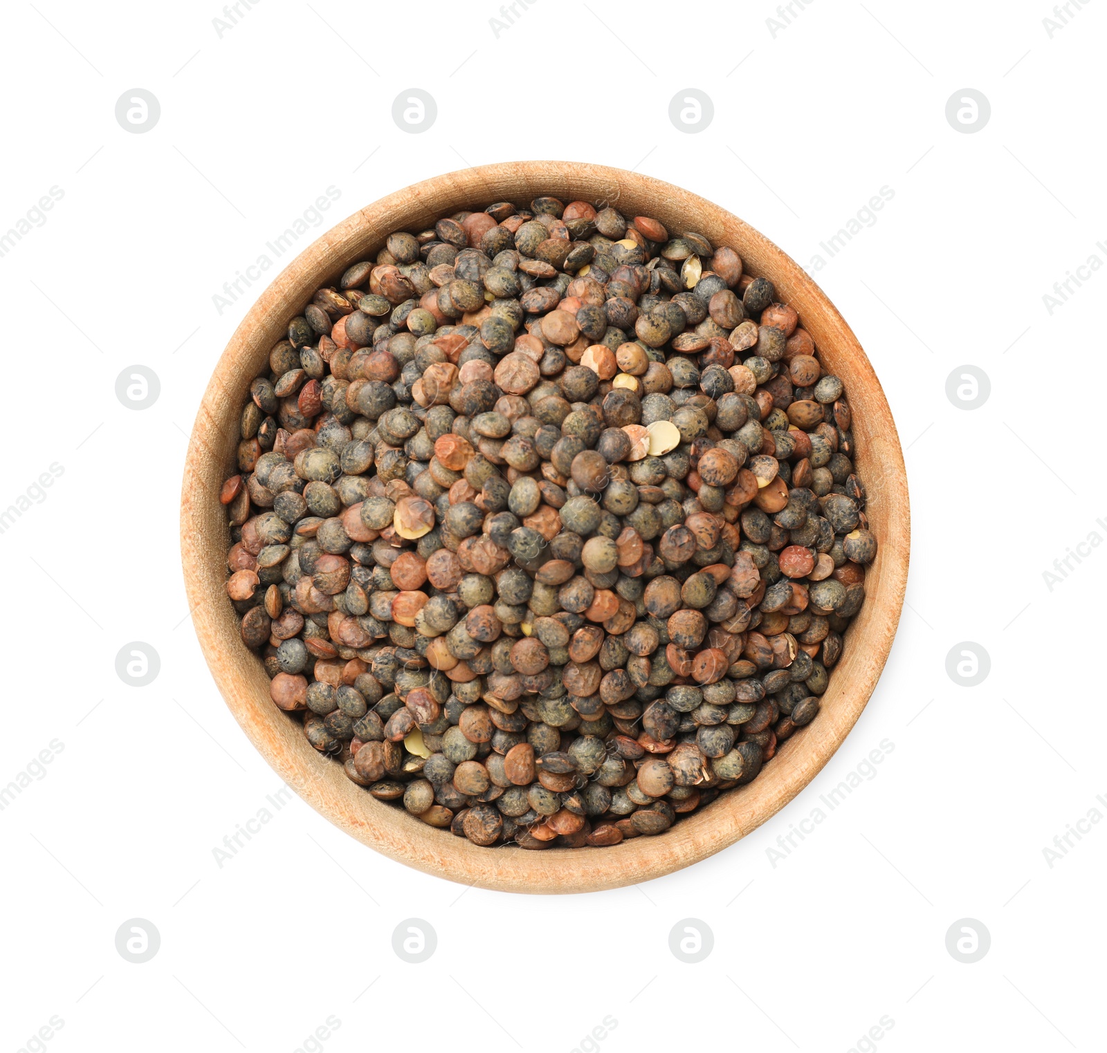 Photo of Raw lentils in bowl isolated on white, top view