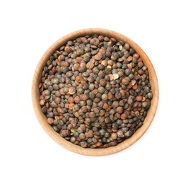 Raw lentils in bowl isolated on white, top view