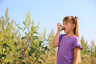 Photo of Little girl with inhaler suffering from ragweed allergy outdoors