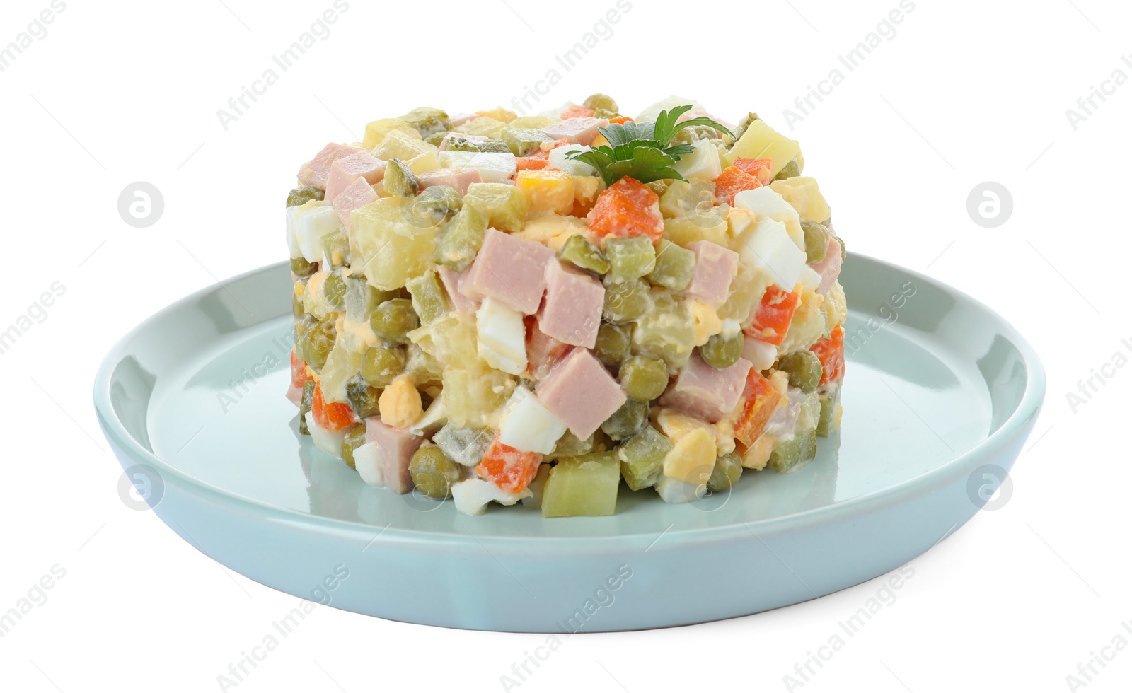 Photo of Plate of traditional salad Olivier on white background