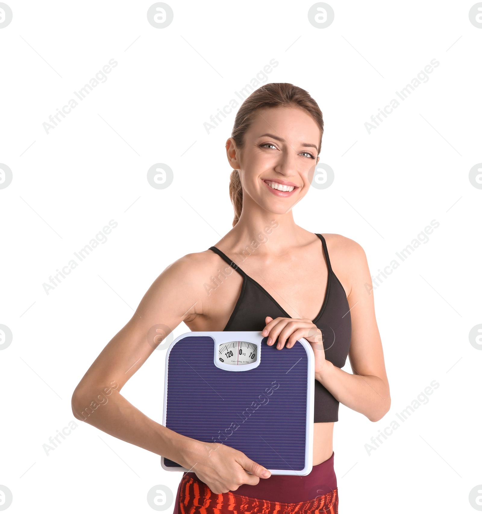 Photo of Young beautiful woman with scales on white background. Weight loss motivation