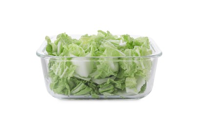 Glass container with fresh cabbage isolated on white