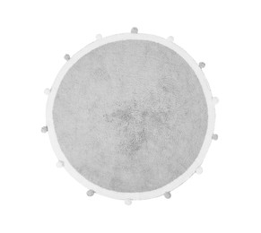 Round rug with pom poms isolated on white, top view