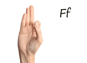 Image of Woman showing letter F on white background, closeup. Sign language