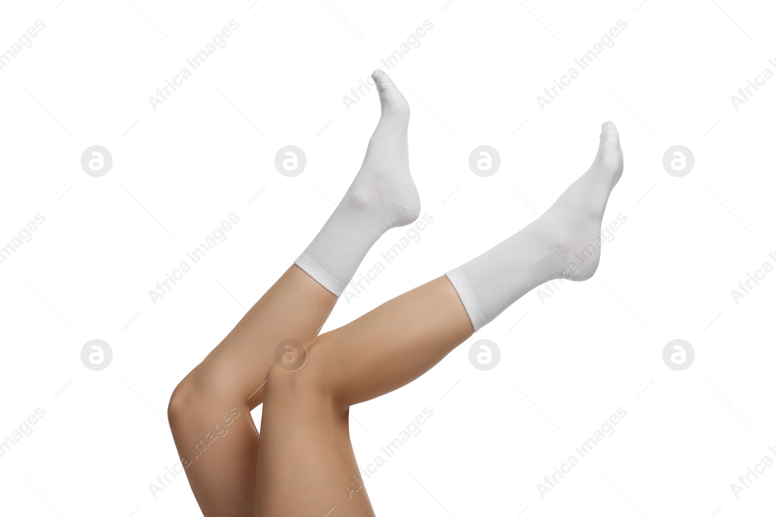 Photo of Woman in stylish socks on white background, closeup