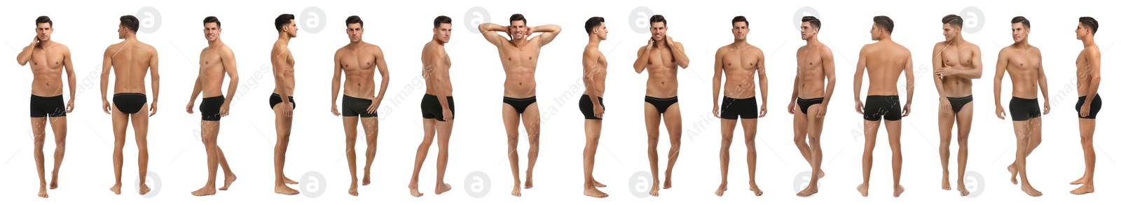 Image of Collage of man in black underwear on white background. Banner design