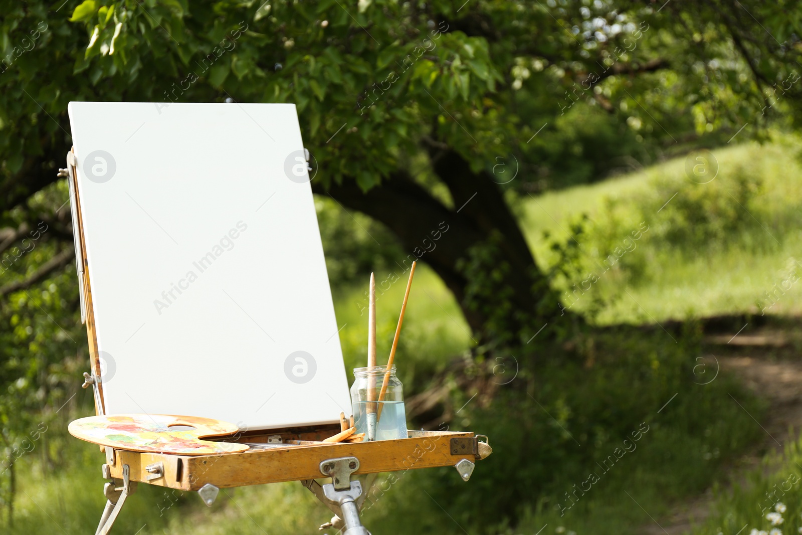 Photo of Easel with blank canvas and painting equipment in picturesque countryside