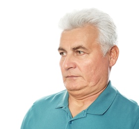 Mature man with double chin on white background