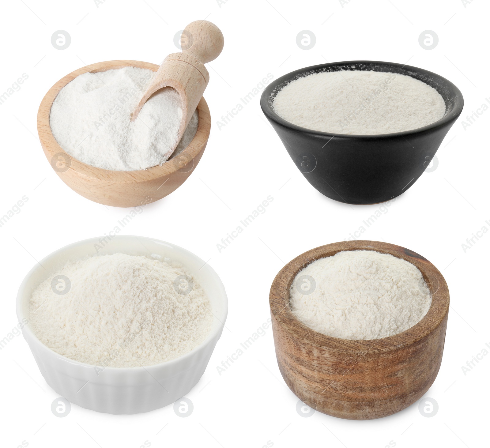 Image of Baking powder in bowls isolated on white, set