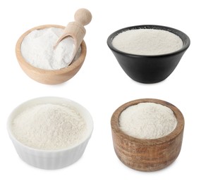 Image of Baking powder in bowls isolated on white, set