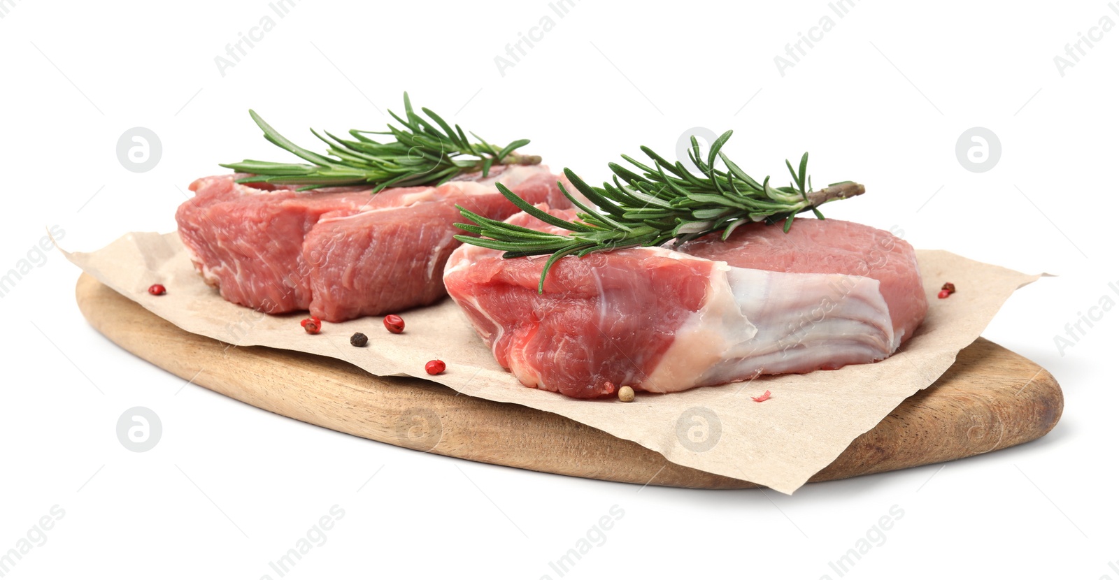 Photo of Fresh raw meat with rosemary and spices isolated on white