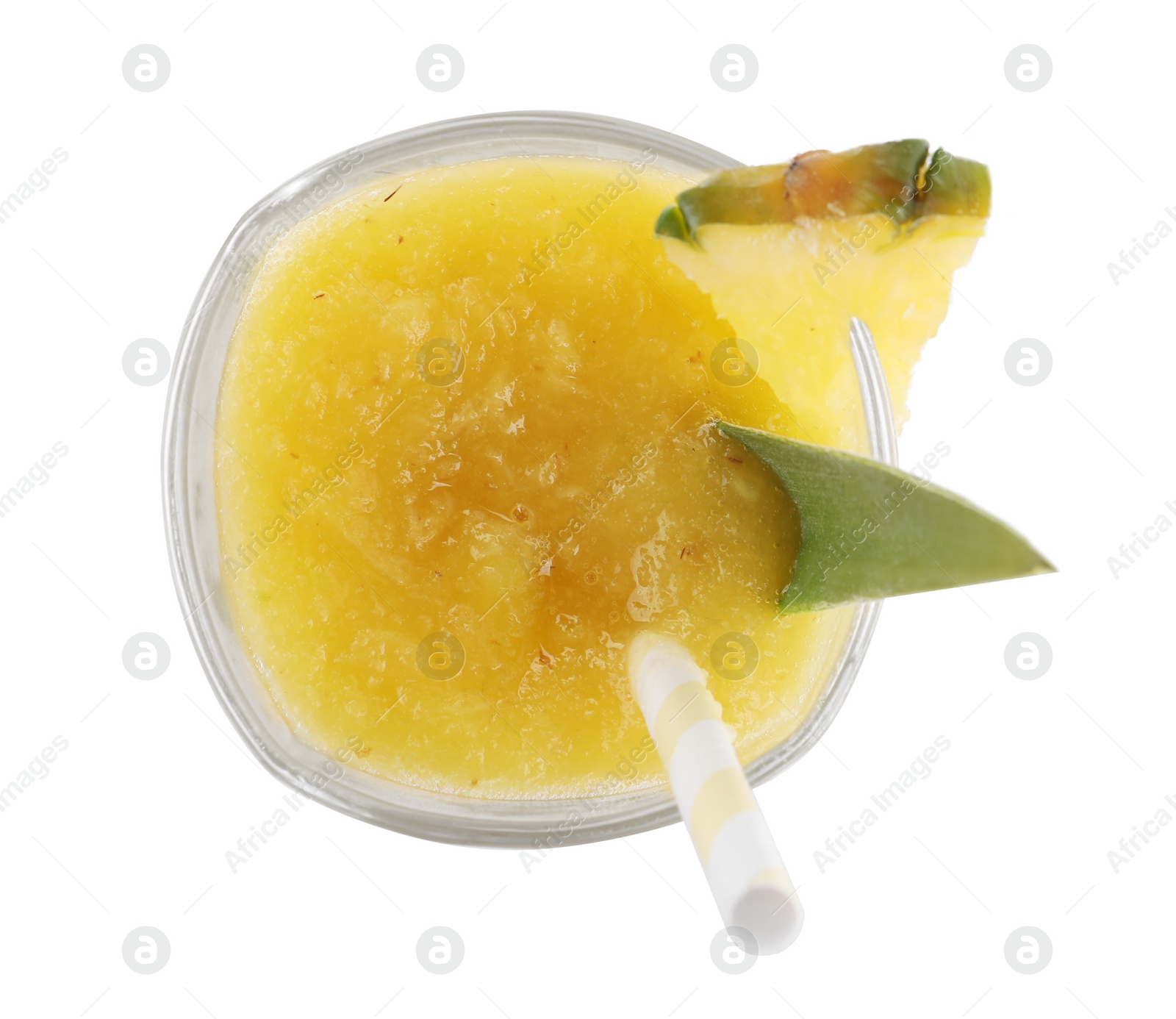 Photo of Glass of tasty pineapple smoothie isolated on white, top view