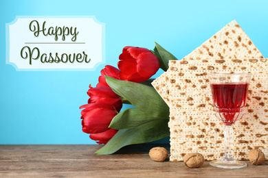 Image of Composition with Passover matzos on wooden table. Pesach celebration