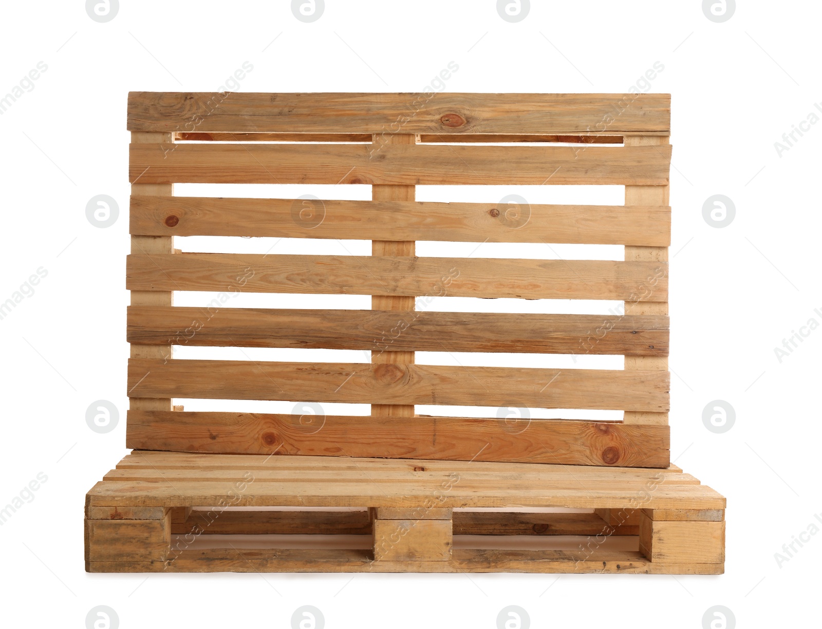 Photo of Wooden pallets isolated on white. Transportation and storage