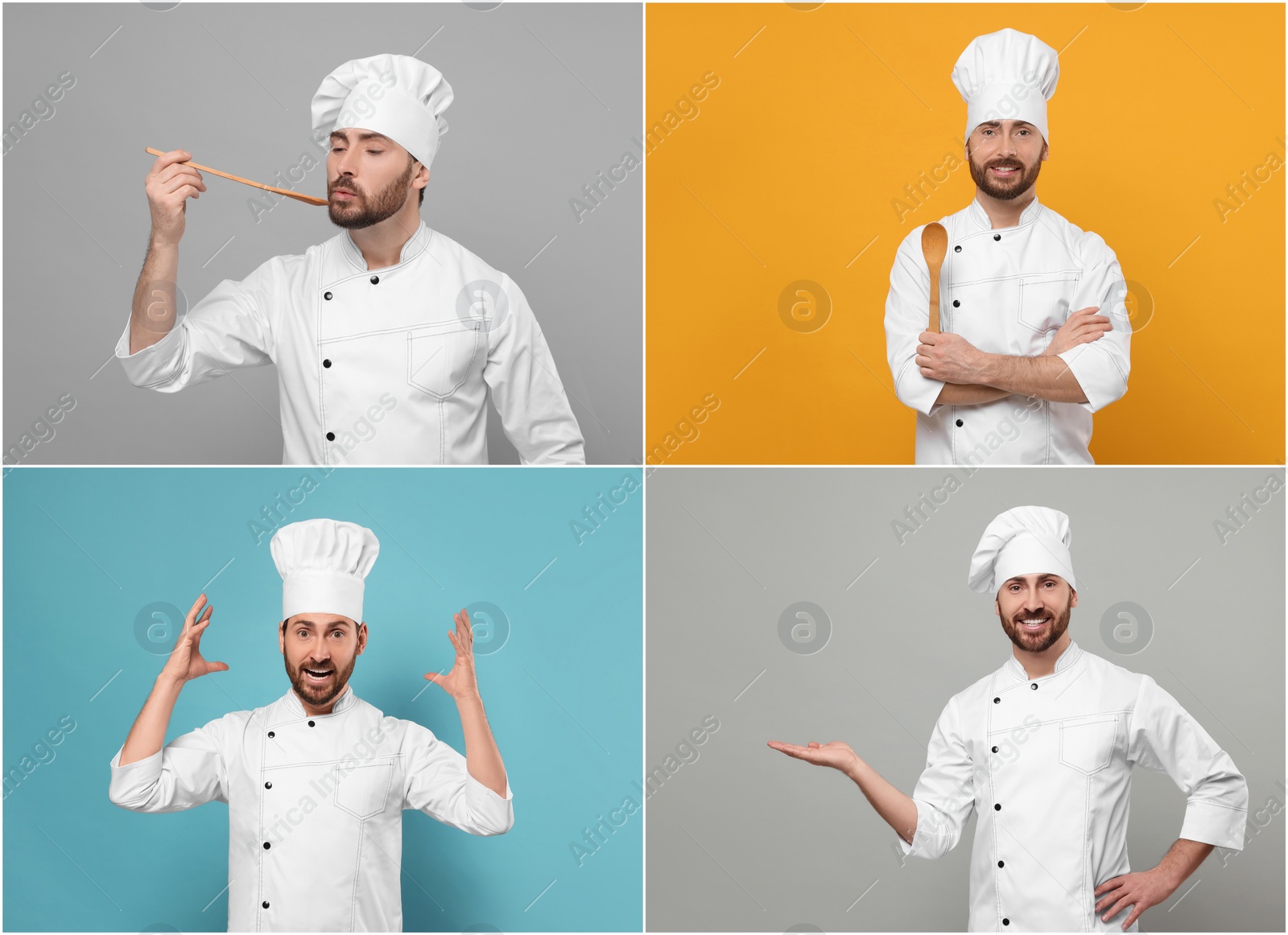 Image of Chef in uniform on different color backgrounds, collage design