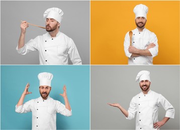 Image of Chef in uniform on different color backgrounds, collage design