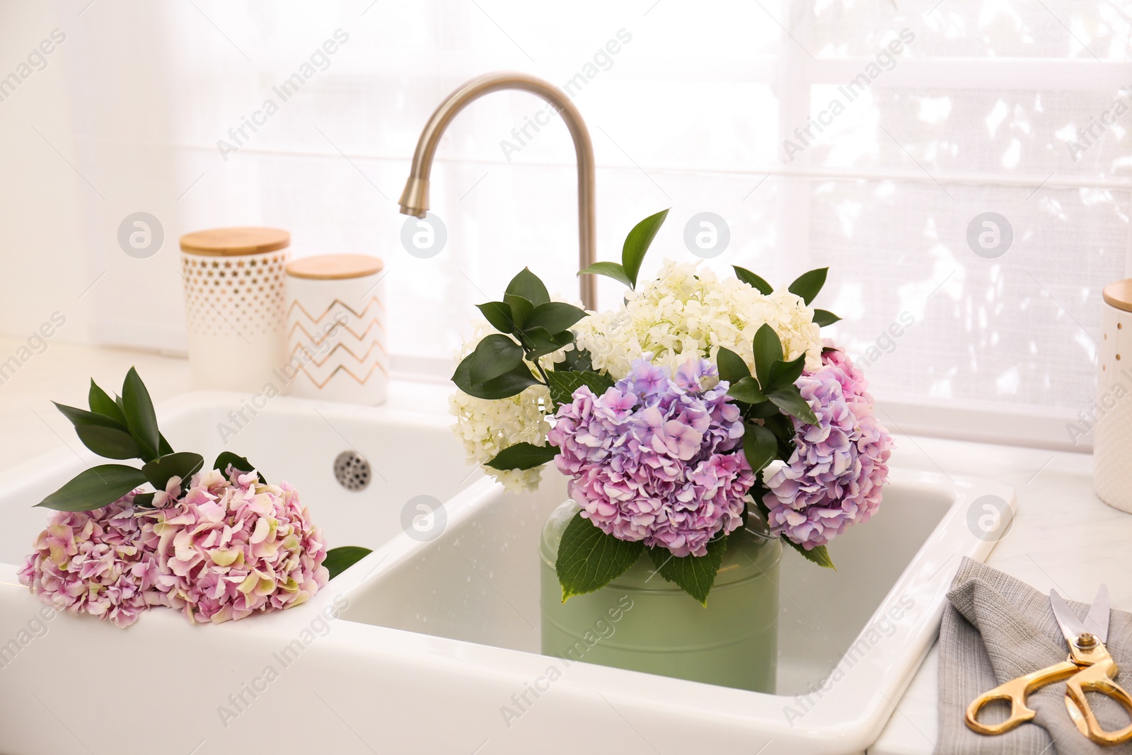 Photo of Bouquet with beautiful hydrangea flowers in sink