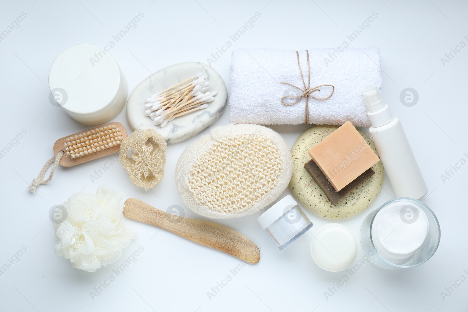 Photo of Bath accessories. Flat lay composition with personal care products on white background