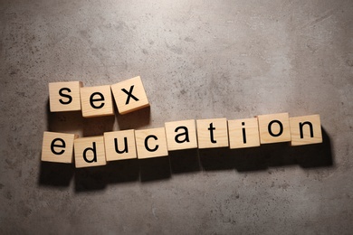 Photo of Wooden blocks with phrase "SEX EDUCATION" on stone background, flat lay