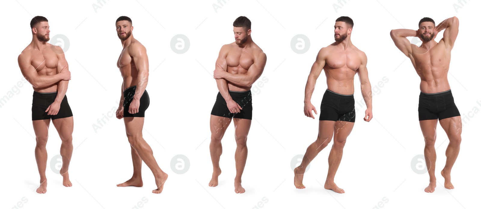 Image of Handsome man in stylish black underwear on white background, set of photos