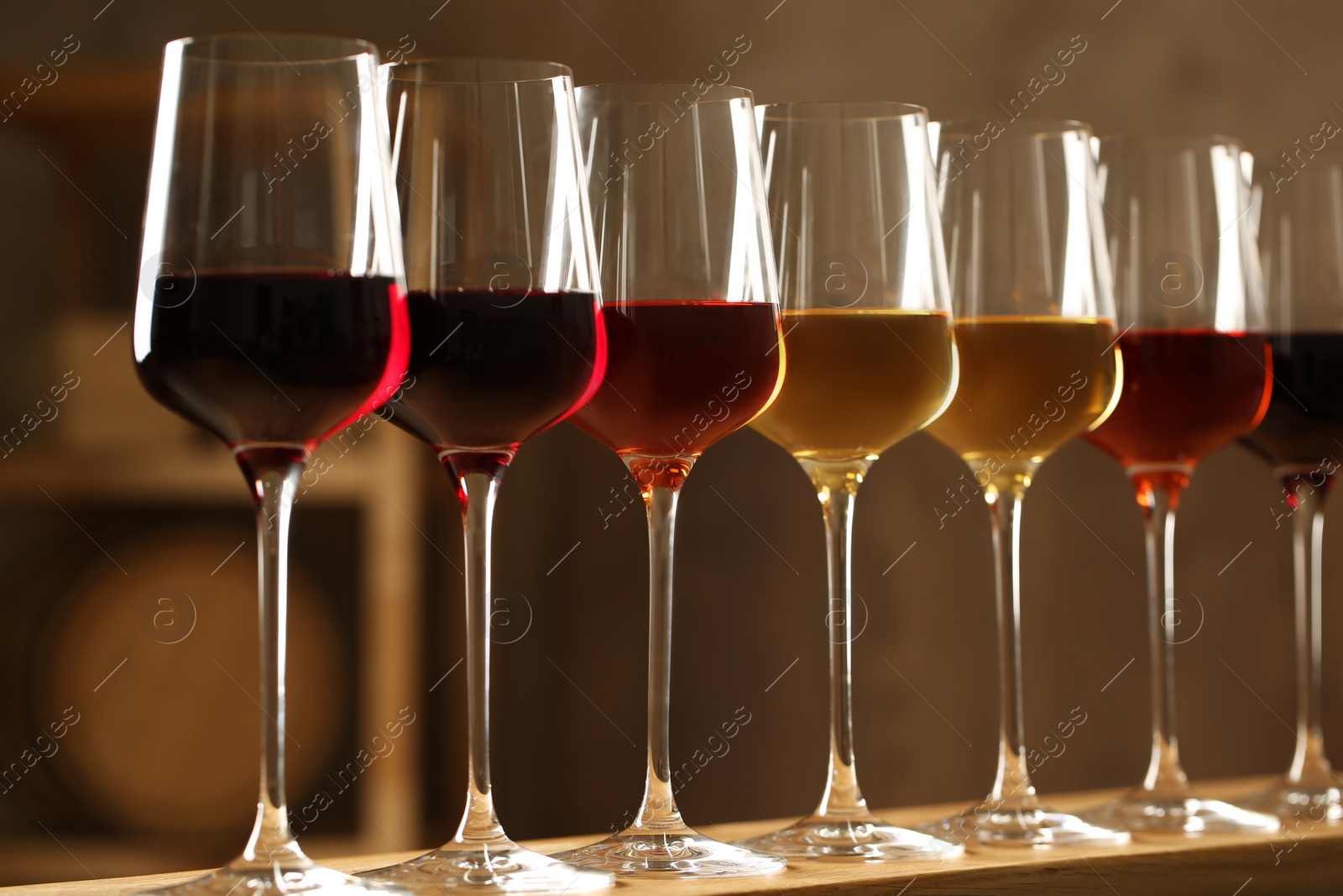 Photo of Glasses of different wines in cellar. Expensive collection