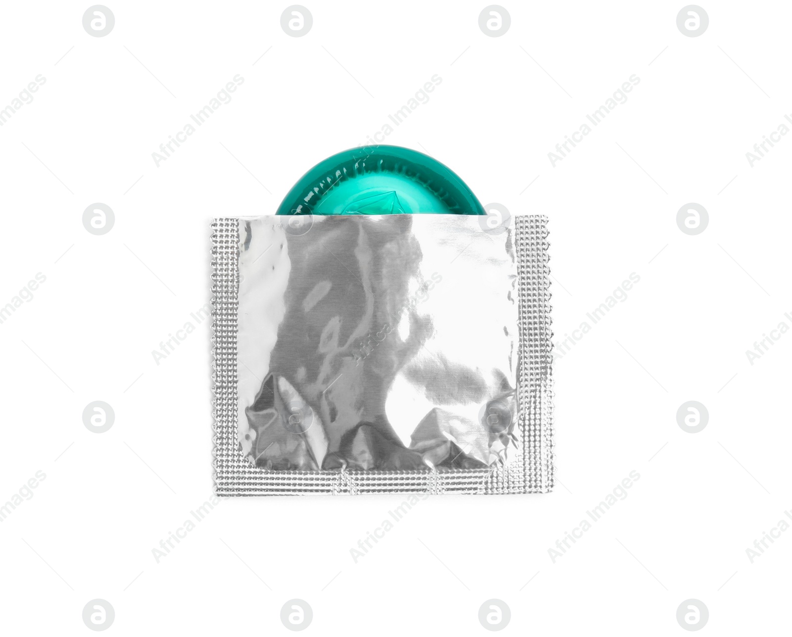 Photo of Torn condom package isolated on white, top view. Safe sex