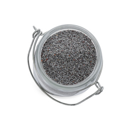 Photo of Poppy seeds in jar isolated on white, top view