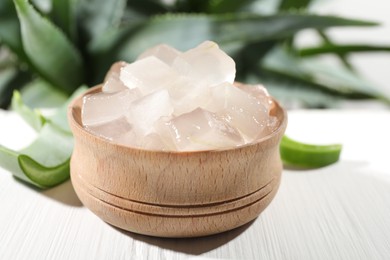 Photo of Aloe vera gel in bowl and slices of plant on white wooden table, closeup