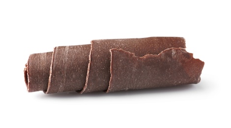 Photo of Curl of tasty chocolate on white background