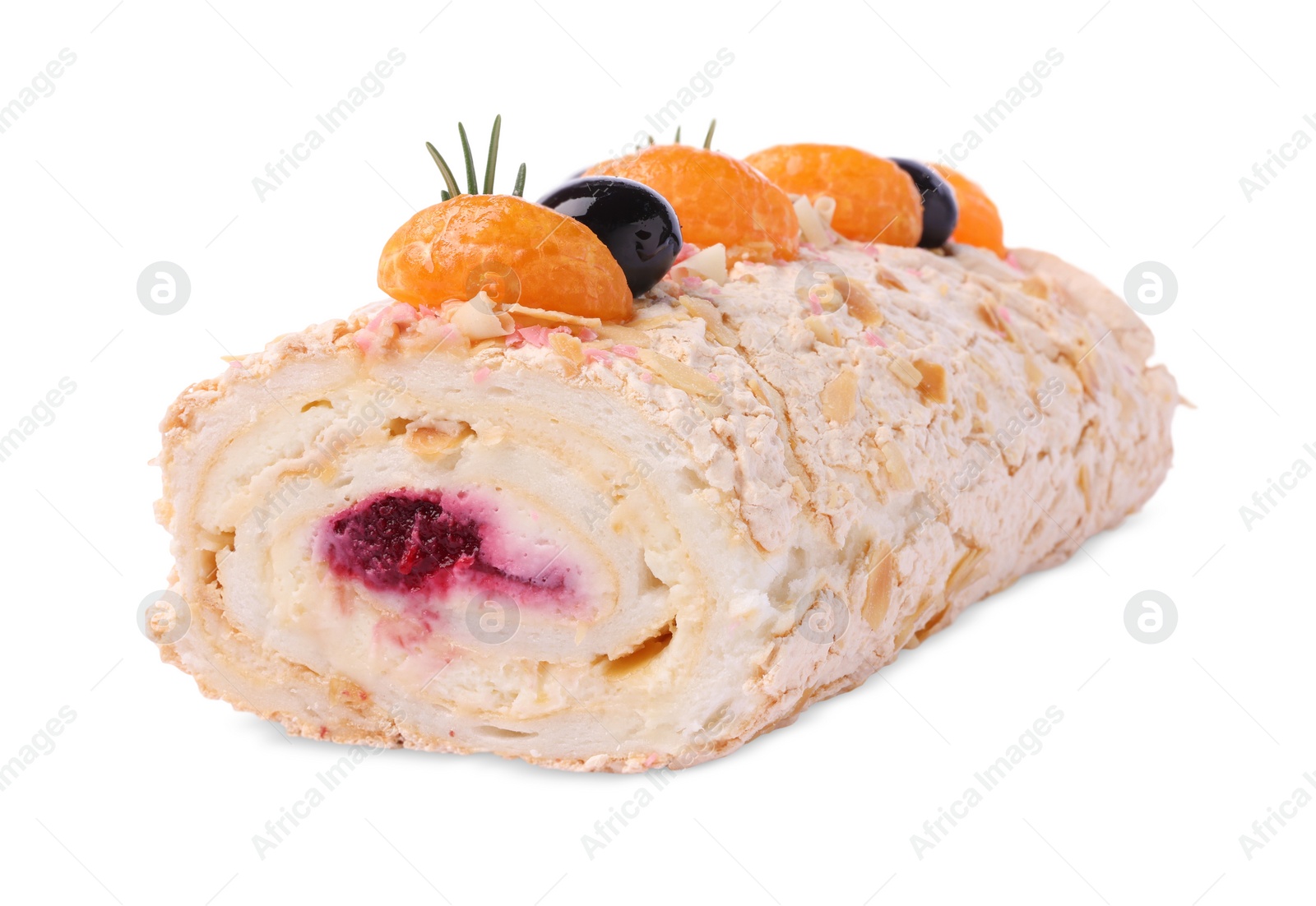 Photo of Tasty meringue roll with tangerine slices and rosemary isolated on white