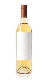 Bottle of delicious wine with blank label on white background