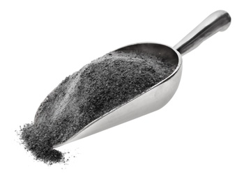 Photo of Scoop with ground black salt on white background