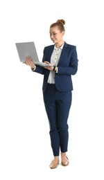 Full length portrait of young businesswoman with laptop isolated on white