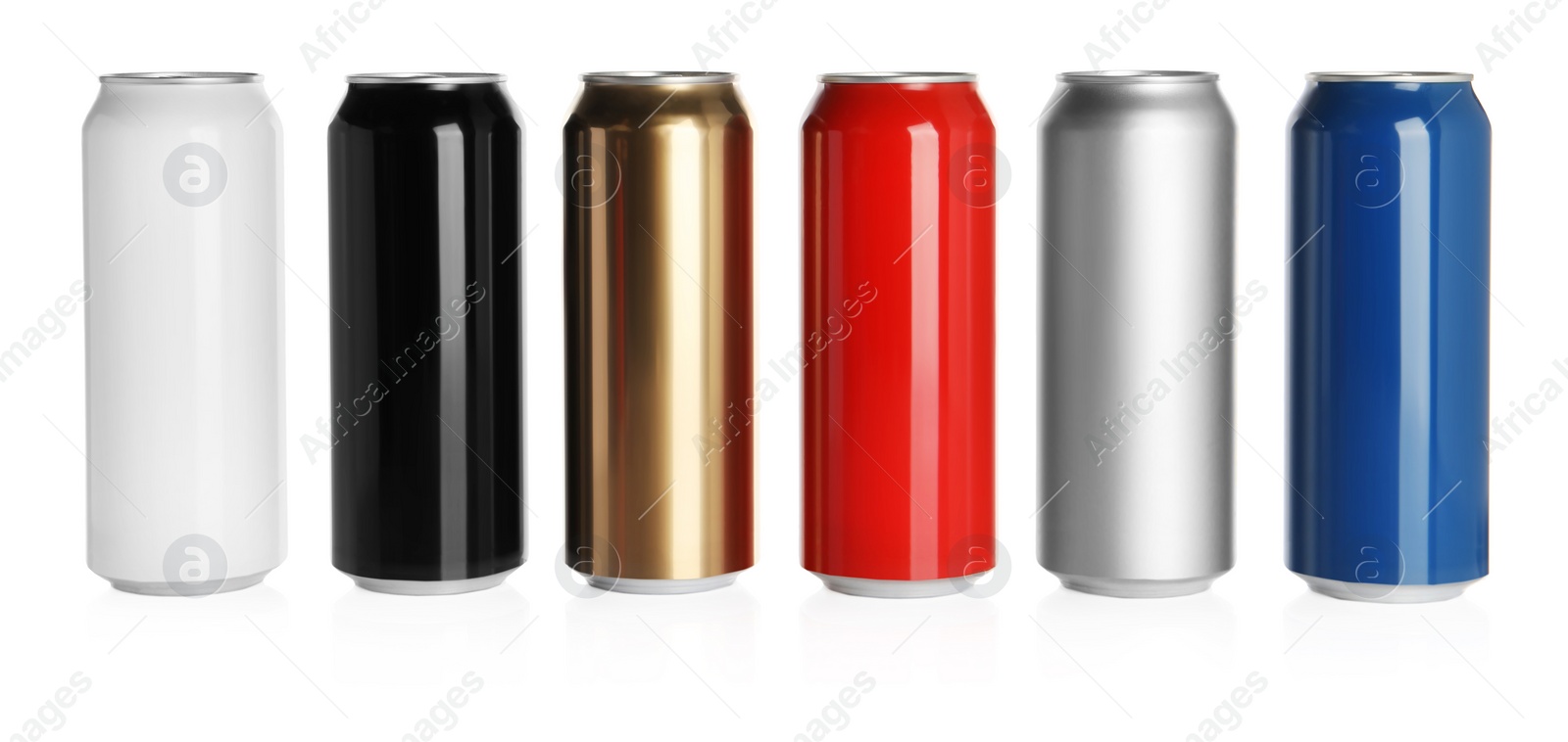 Photo of Set of aluminum cans with drinks on white background