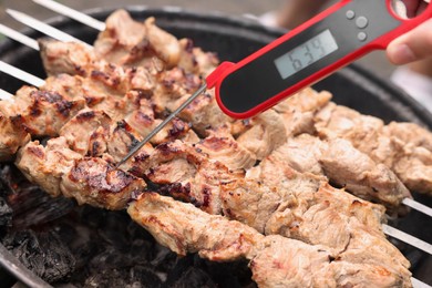 Man measuring temperature of delicious kebab on metal brazier, closeup