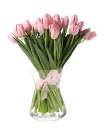 Bouquet of beautiful pink tulips in vase isolated on white