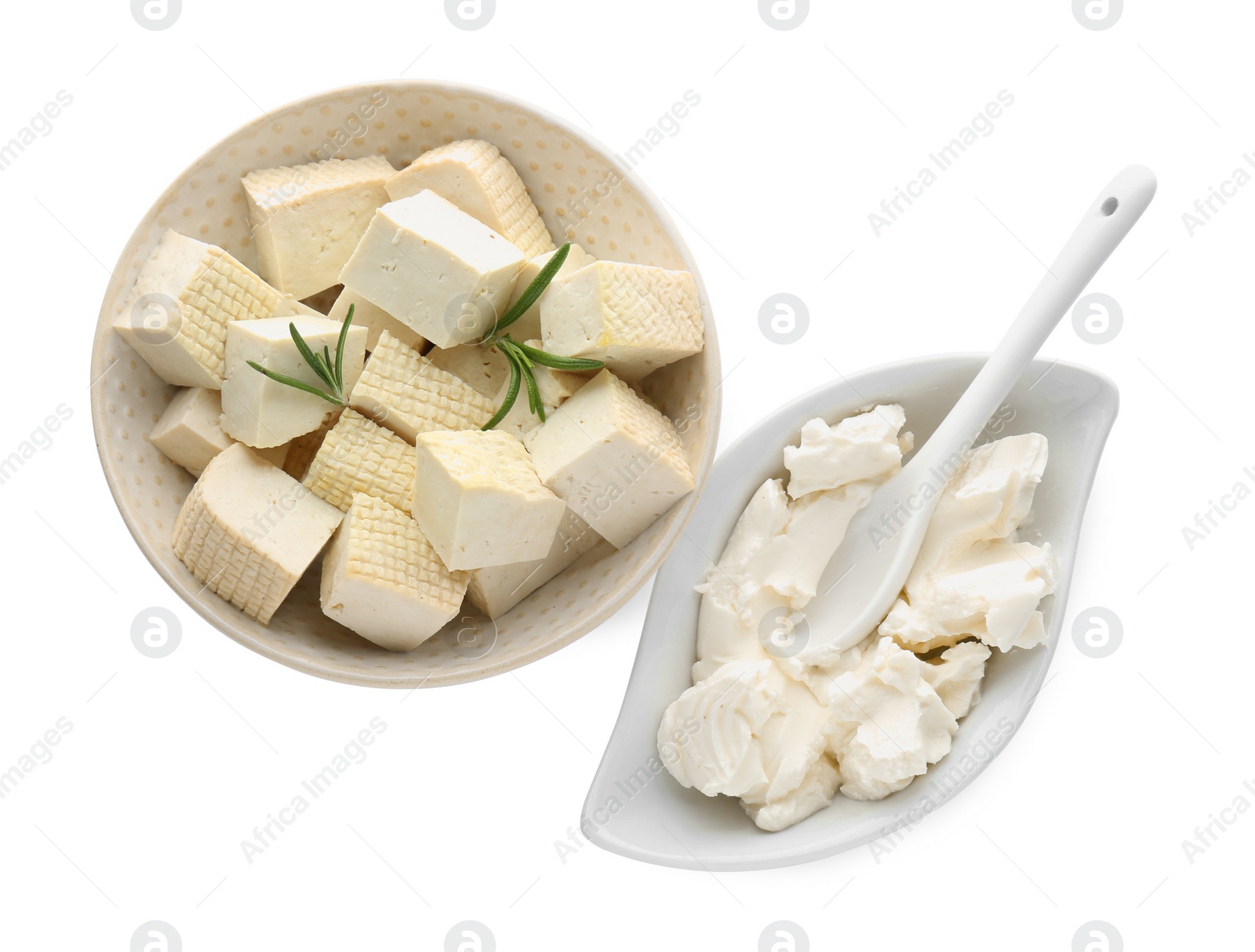 Photo of Different types of delicious tofu cheese on white background, top view