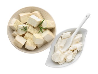 Photo of Different types of delicious tofu cheese on white background, top view