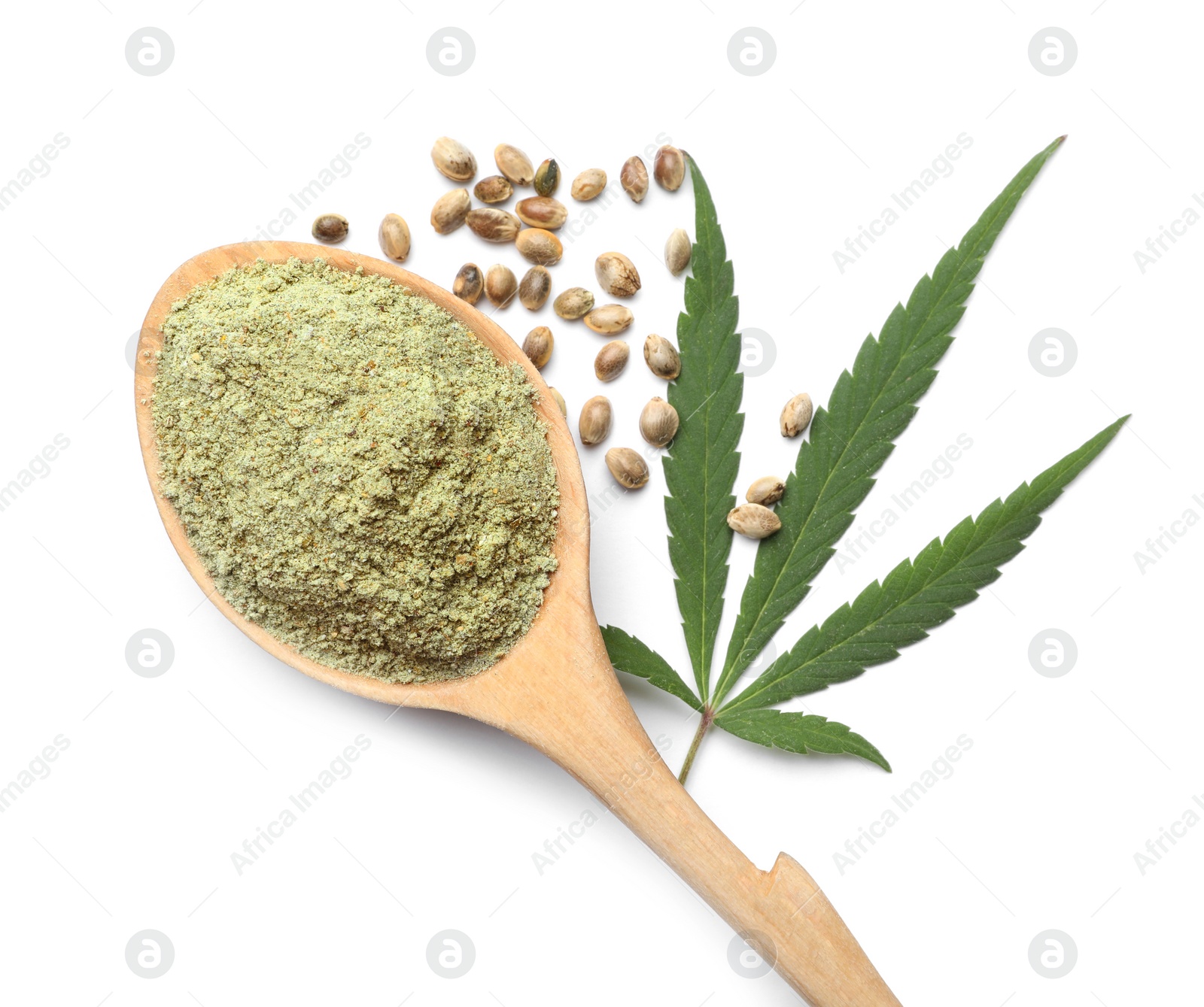 Photo of Spoon of hemp protein powder, leaf and seeds isolated on white, top view