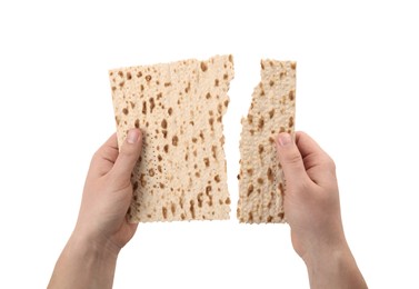 Photo of Woman with passover matzo on white background, closeup