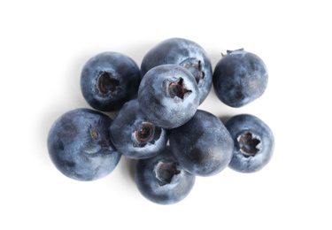 Photo of Fresh ripe blueberries on white background, top view